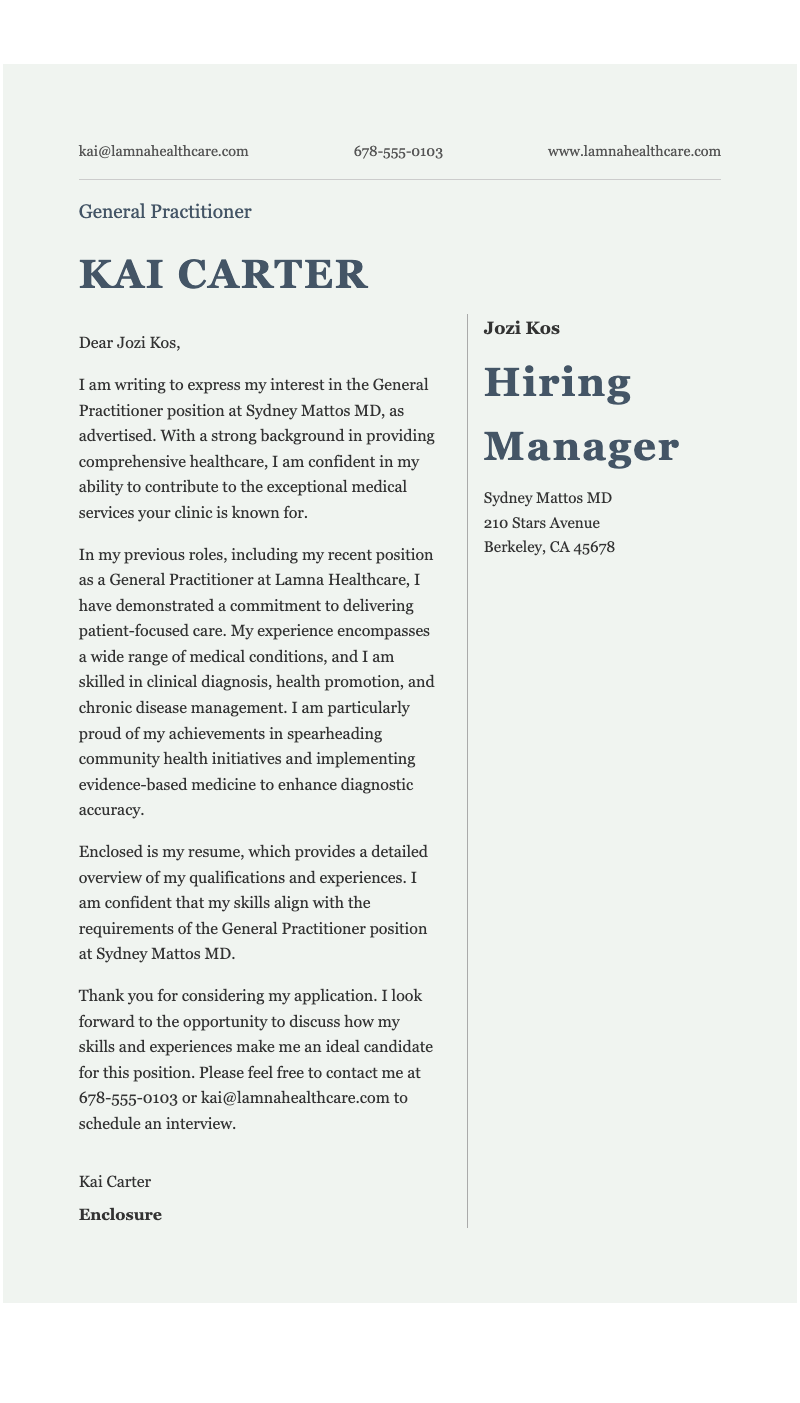 Modern traditional professional cover letter - Elegant job application letter template for healthcare professionals with clean serif typography and formal layout.